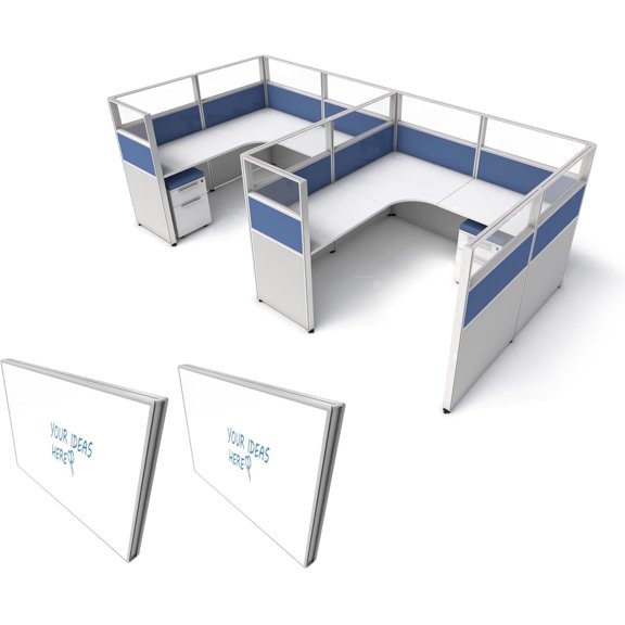 SUNLINE Office Cubicle Kit - 2 Person Modular Workstation Set with 7 Layout Options and 2 XL Whiteboards - Blue