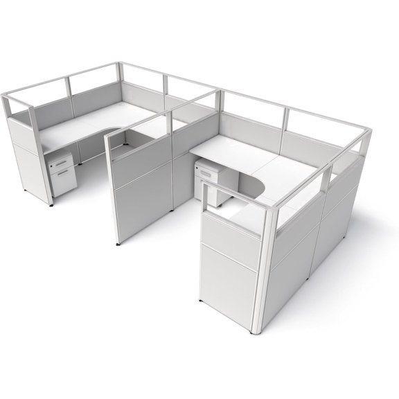 SUNLINE Office Cubicle Kit - 2 Person Modular Workstation Set with 7 Layout Options and Storage - Light Grey