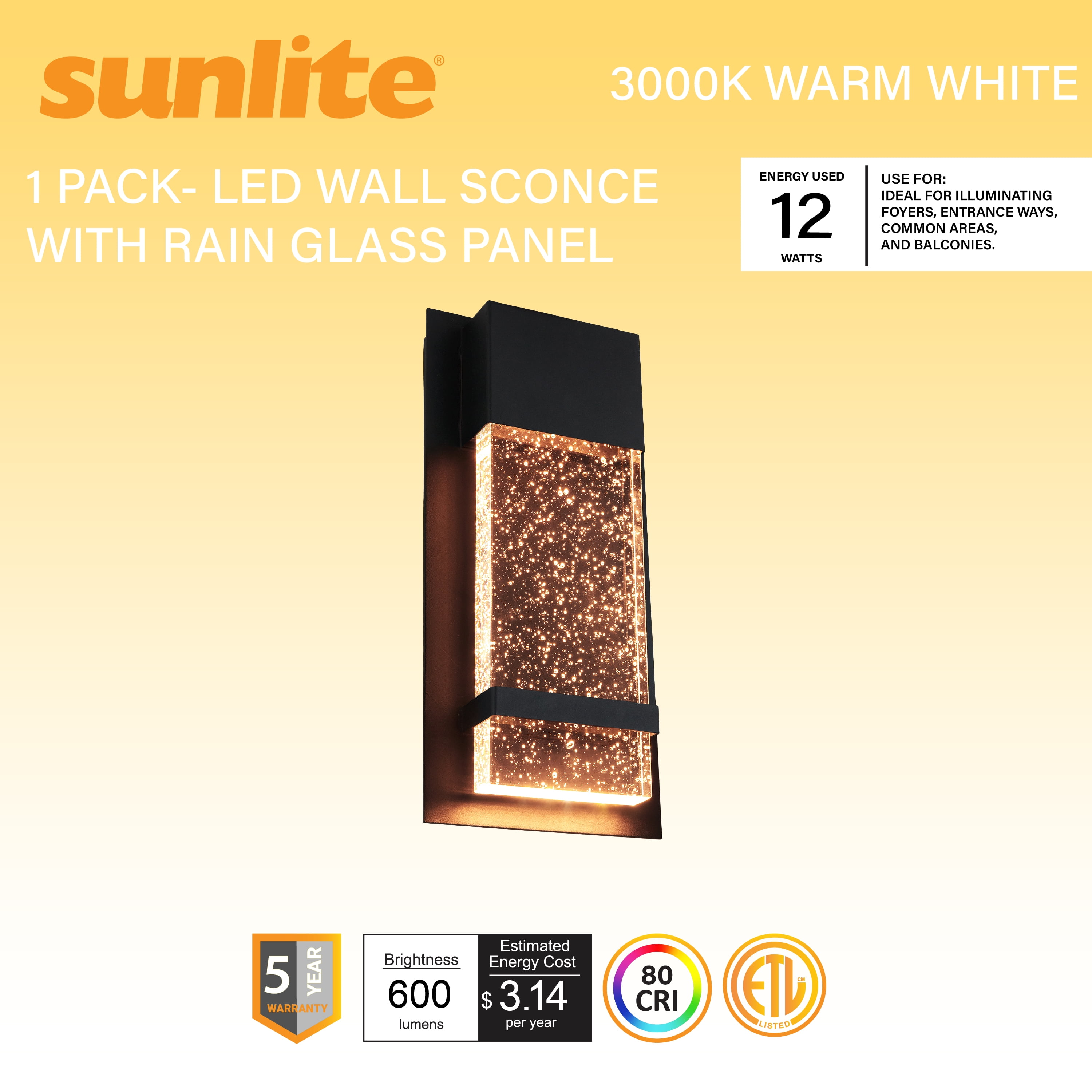 Sunlite LED Wall Sconce with Rain Glass Panel, 12 Watts, 600 Lumens, Indoor/Outdoor, Black Finish, ADA, 3000K, ETL Listed
