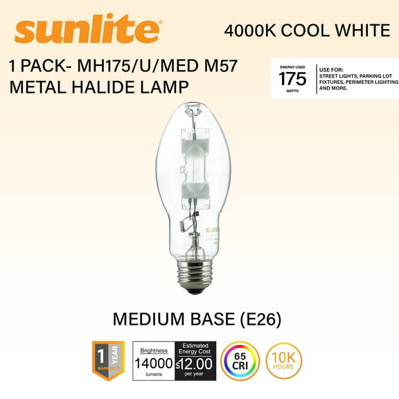 Sunlite MH Lamp, 175W, 14000lm, 4000K, E26 Base, ED17, Clear, Probe Start, MH175/U/MED, 10,000 Hrs
