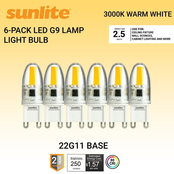 Sunlite LED G9 Lamp Light Bulb, 2.5 Watts (25W Equiv), 250 Lumens, Bi-Pin Base, Dimmable, Clear, ETL Listed, RoHS Comp, 3000K Warm White, 6 Pack