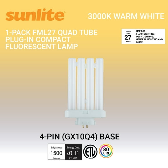Sunlite FML27/30K/2PK CFL, 27W, 1500 Lumens, 3000K Warm White, 4-Pin GX10q4 Base, 120V, 1 Pack