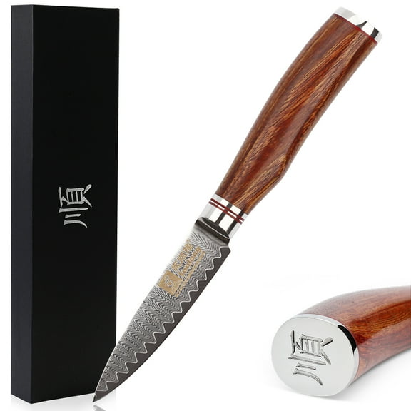 SUNLONG Paring Knife Fruit Knife 3.5 Inch Damascus Steel Hammered Japanese Natural Bloodwood Handle