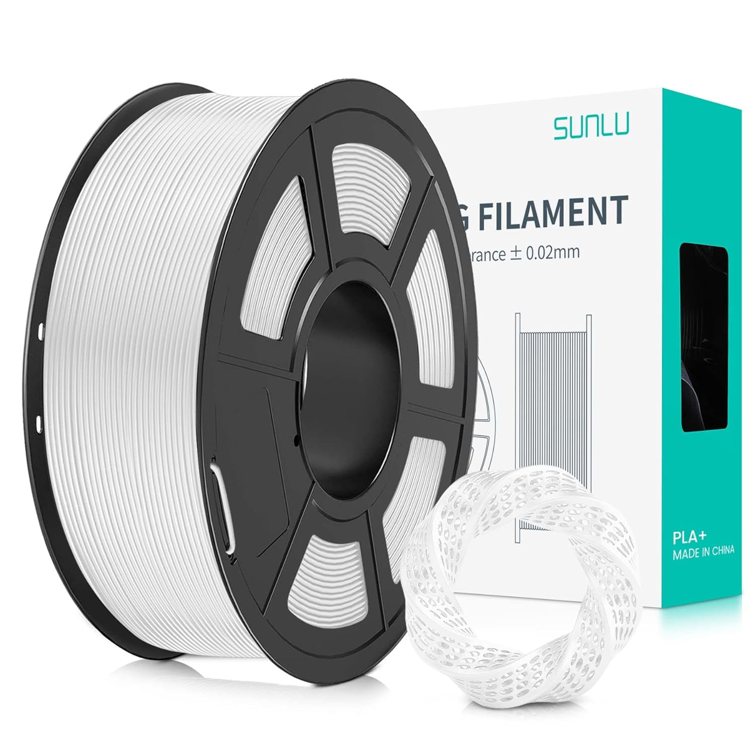 SUNLU PLA+ 3D Printer Filament 1.75mm,Dimensional Accuracy +/- 0.02 mm,1  kg/Spool,1.75mm PLA Plus,White