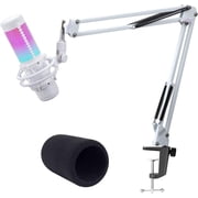 SUNMON QuadCast White Gaming Microphone Stand - Mic Arm Compatible with Hyper x QuadCast S, Boom Arm with Pop Filter, Improve Sound Quality Mic Stand