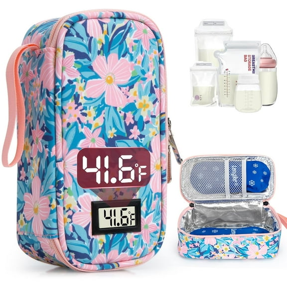 SUNMON Breast Milk Cooler Travel Bag, Real-Time Temperature Display, Holds 4-6 Breastmilk Storage Bag with 2 Breast Milk Ice Pack, Cooling & Waterproof Portable Cooler for Moms on The Go(Pink Flower)