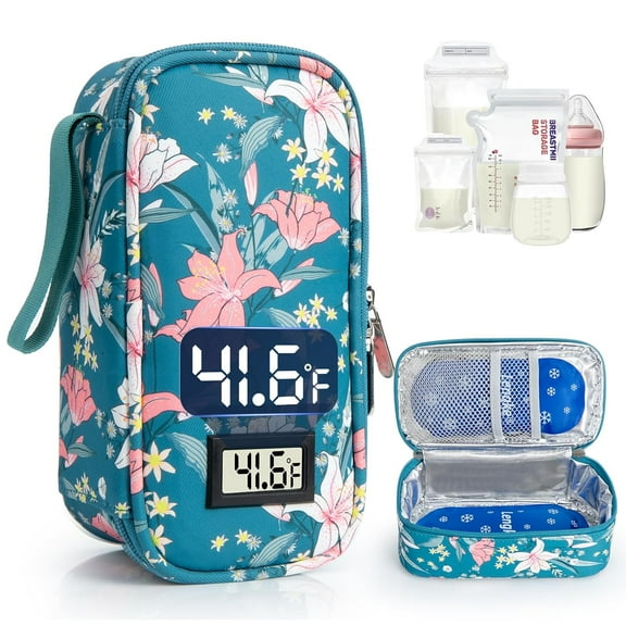 SUNMON Breast Milk Cooler Travel Bag, Real-Time Temperature Display, Holds 4-6 Breastmilk Storage Bag with 2 Breast Milk Ice Pack, Cooling & Waterproof Portable Cooler for Moms on The Go(Lily)