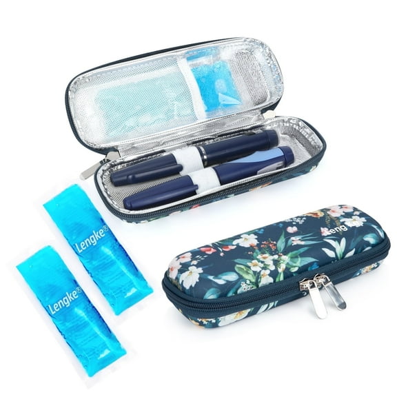 SUNMON Insulin Cooler Travel Case with 2 Cooler Ice packs, Small EVA Diabetic Insulated Organizer Portable Cooling Medical Bag for Cooling Insulation, Epi Pen Carrying Bag (Blue Camellia)