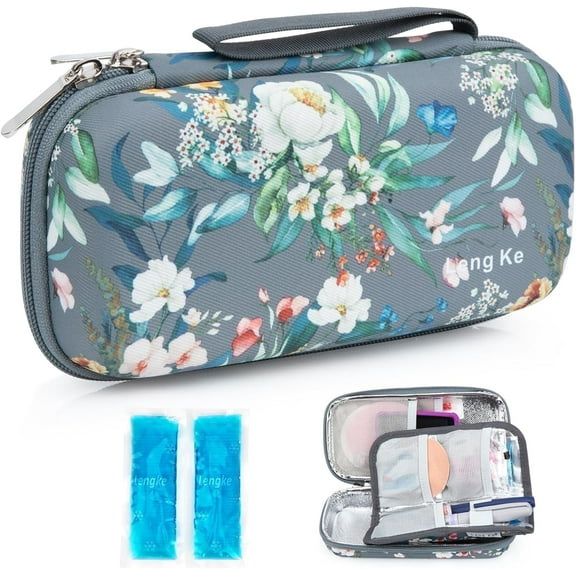 SUNMON Insulin Cooler Travel Case - Diabetic Insulated Organizer Portable Cooling Medical Bags for Medication Cooling Insulation, Insulin Pen Case with 2 Tsa Approved Ice pack (Grey Gamellia)