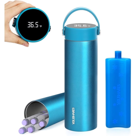 SUNMON Insulin Cooler Travel Case - 48H Verified Cooling with Temperature Display, TSA Approved Diabetic Medical Pen Vials Refrigerator with / Digital Temp Display, Portable for 17 Ep(Ice Blue)