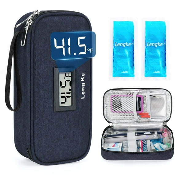 SUNMON Insulin Cooler Travel Case - Tsa Approved Diabetic Medication Pen Cooling Medical Bags with Temperature Display, Refrigerated Diabetes Supplies Organizer Storage with 2 Ice pack(Navy Blue)