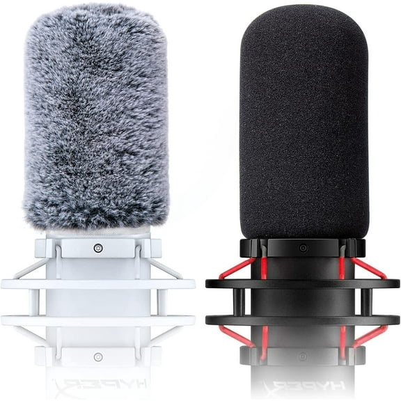 SUNMON Microphone Windscreen Pop Filter Compatible with HyperX QuadCast - Mic Foam Cover with Furry Windscreen Muff for HyperX QuadCast S, White (2 Pack)