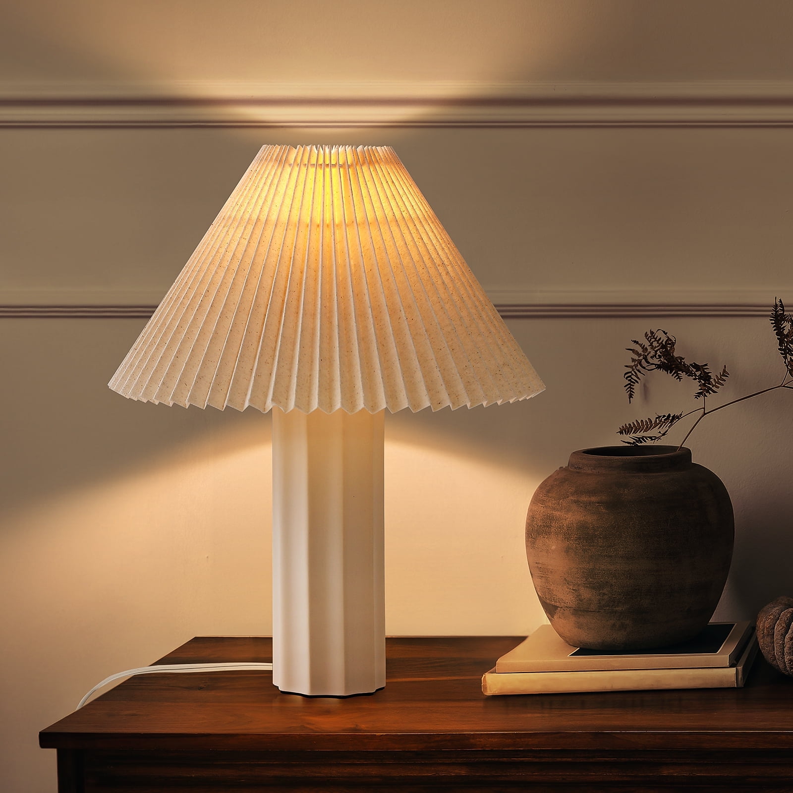 SUNMORY 17.5'' Ceramic Table Lamps with Pleated Fabric Lamp Shade, 3 Way Dimmable White Lamp, LED Nightstand Lamp for Bedroom, Living Room, Home Office (Natual White)