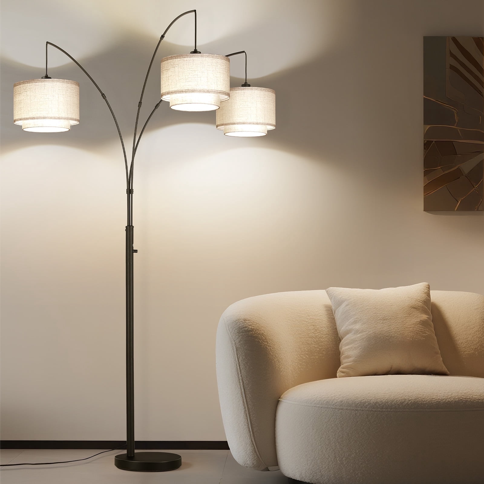 SUNMORY 3 Lights Tree Floor Lamp, 81.5" Tall Standing Lamp with Hanging Dual Drum Linen Shade, Modern Arc Floor Lamps with Heavy Base & 3 Bulbs, Mid Century Arched Floor Lamp for Living Room, Bedroom