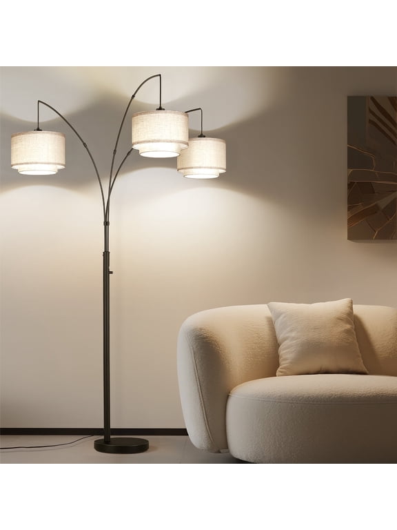 3 Lights Tree Floor Lamp, 81.5" Tall Standing Lamp with Hanging Dual Drum Linen Shade, Modern Arc Floor Lamps with Heavy Base & 3 Bulbs, Mid Century Arched Floor Lamp for Living Room, Bedroom
