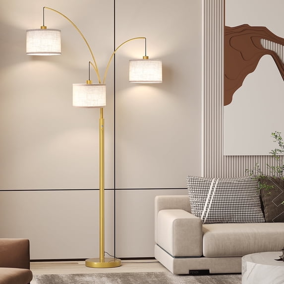 SUNMORY 3 Lights Gold Arc Floor Lamps for Living Room, 78" Tall Standing Lamp with Hanging Drum Shade, Modern Arc Floor Lamps with Heavy Base, Mid Century Arched Tree Floor Lamp for Bedroom, Office
