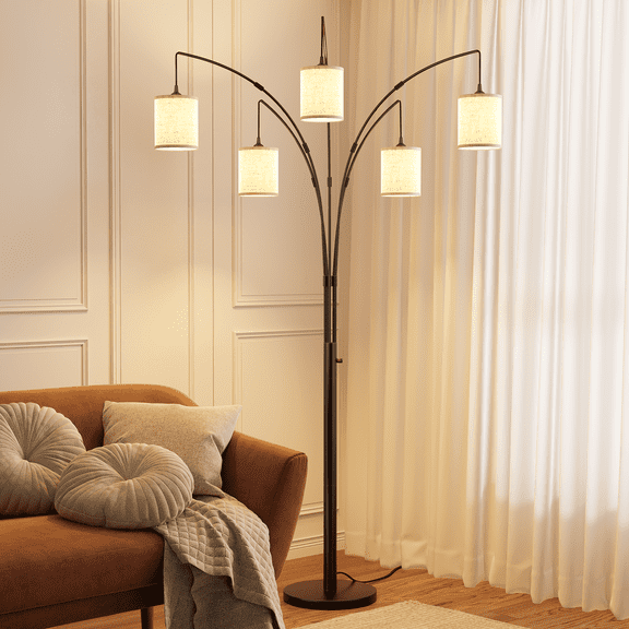 SUNMORY 5 Lights Tree Floor Lamp, 83.5" Large Tall Standing Lamp with Drum Linen Lampshade, Modern Arc Floor Lamps with Heavy Base & 5 Bulbs Included, Mid Century Arched Floor Lamp for Living Room