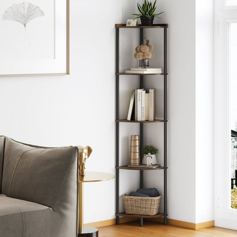 SUNMORY 5 Tier Industrial Corner Bookcase Wood Composite Metal Brown 2.2 x 12.2 x 64.9