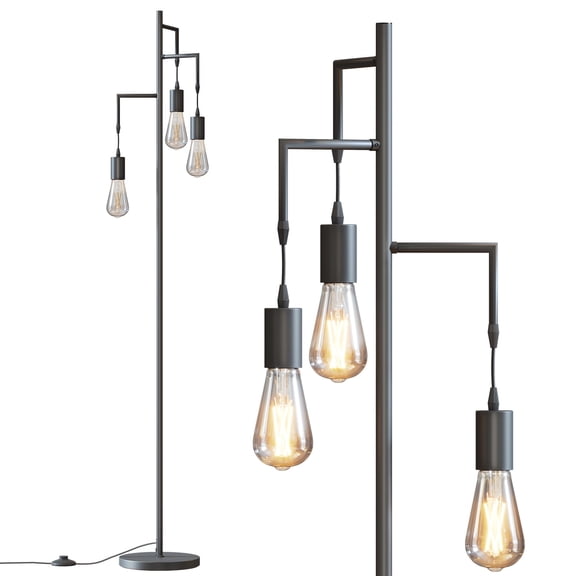 SUNMORY 68.5" 3-Light Industrial Foot Switch Black Tree Floor Lamp