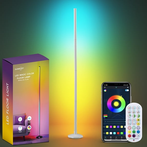SUNMORY RGB LED Floor Lamp, 49" Corner Lamp with 80+ Scene & Timer, Smart Modern Ambient Lighting with Music Sync & 16 Million Colors, Remote & App Floor Lamps for Living Room, Gaming Room, Bedrooms