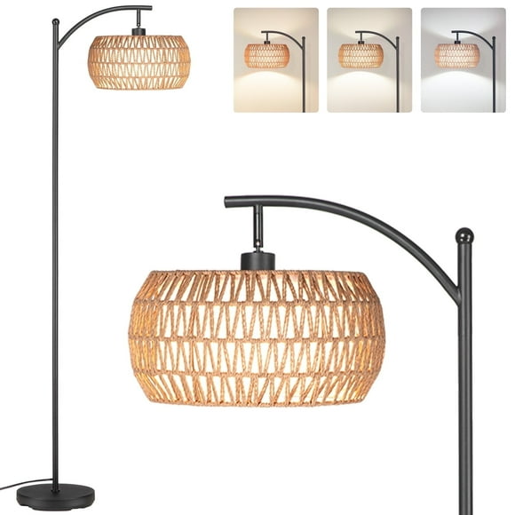 SUNMORY Dimmable Floor Lamp, Black Standing Lamp with Rattan & Fabric Double Drum Shade, Boho Farmhouse Tall Lamp for Living Room