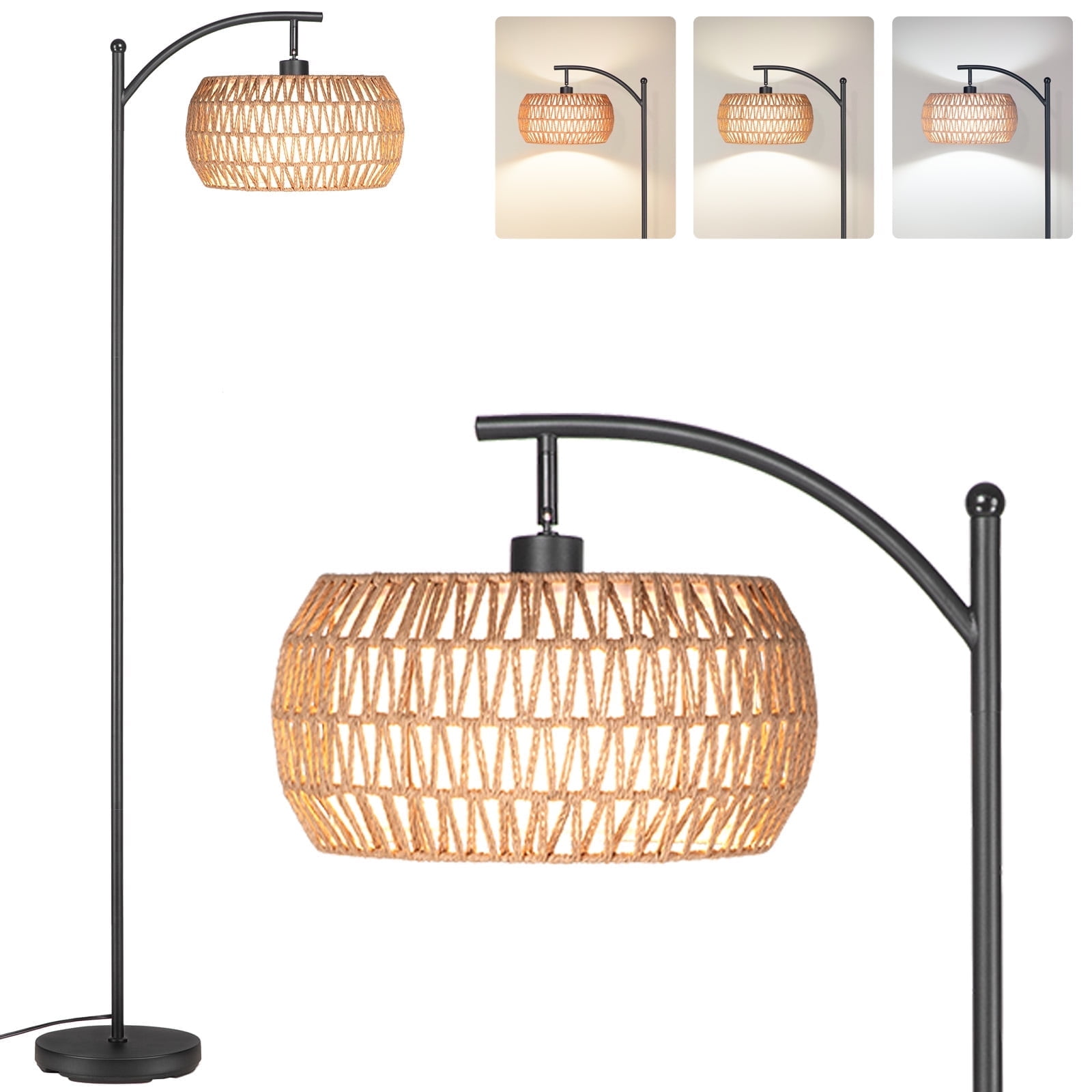 Dimmable Floor Lamp, Black Standing Lamp with Rattan & Fabric Double Drum Shade