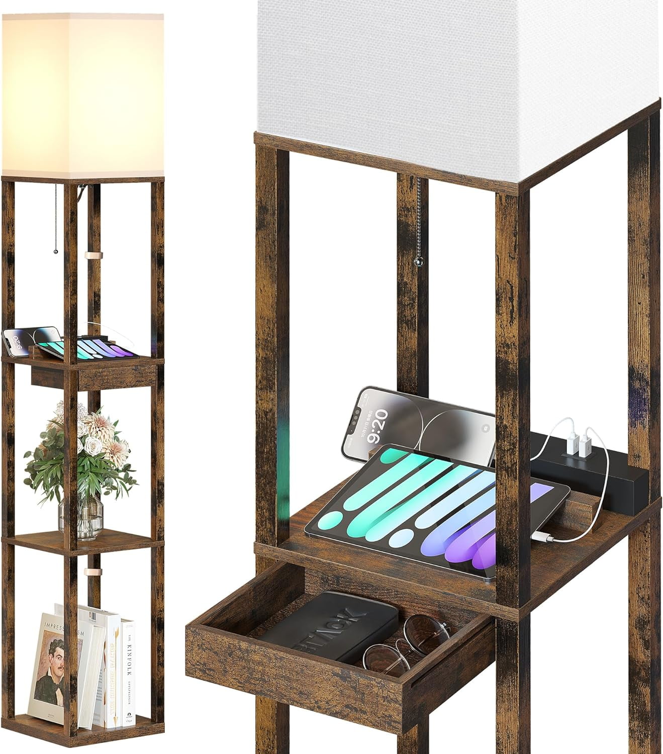 SUNMORY Floor Lamp with Shelves,Modern Dimmable Solid Wood Standing