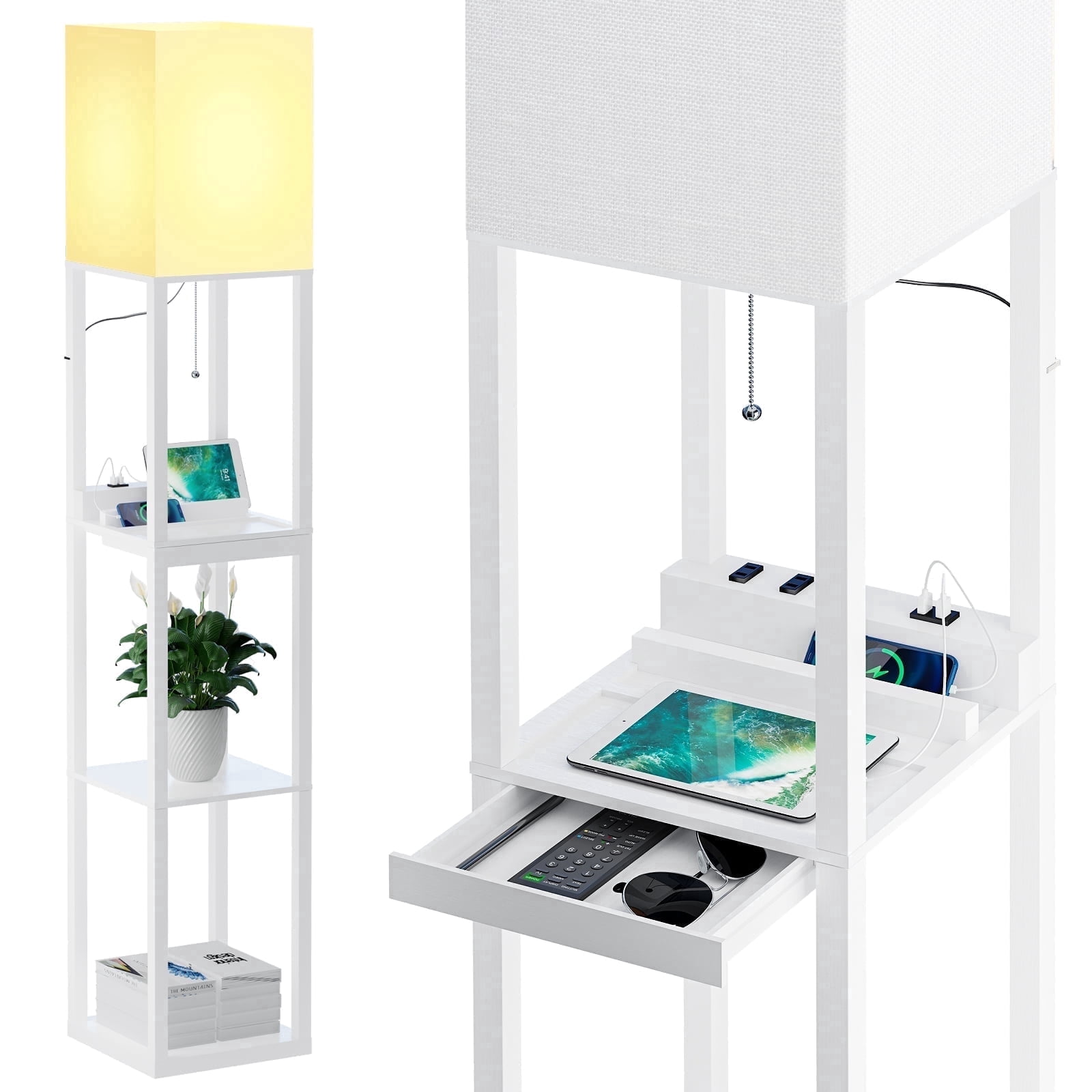SUNMORY Floor Lamp with Shelves, Modern Dimmable Solid Wood Standing Lamp with 1 Drawer & 1USB Ports &1 Type& 2 Power Outlet, 3 Color Temperatures LED Bulb, Corner Tall Bookshelf Lamp for Living Room