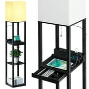 SUNMORY Floor Lamp with Shelves,Modern Dimmable Solid Wood Standing Lamp with 1 Drawer and 2 USB Ports & 2 Power Outlet,Corner Tall Bookshelf Lamp for Living Room and Bedroom(Black)