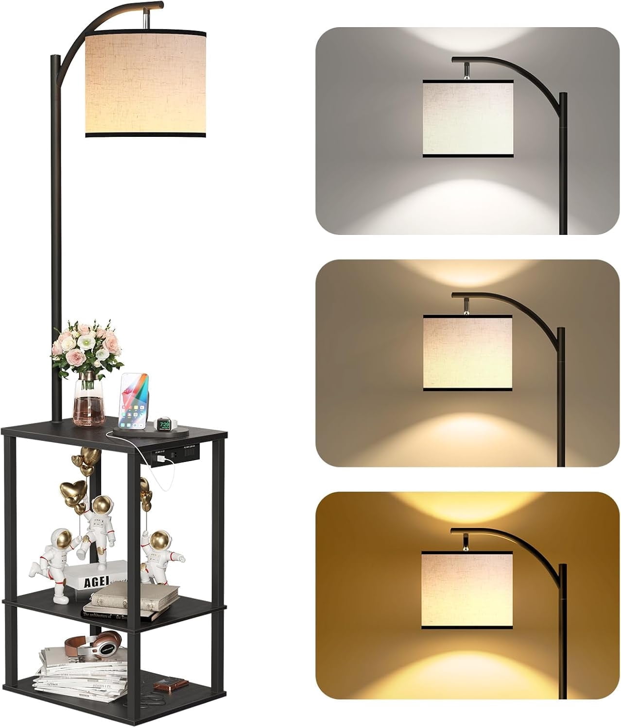 SUNMORY Floor Lamp With Table & Charging Station - 3-Tier Shelves, USB Ports, Adjustable LED - View #8