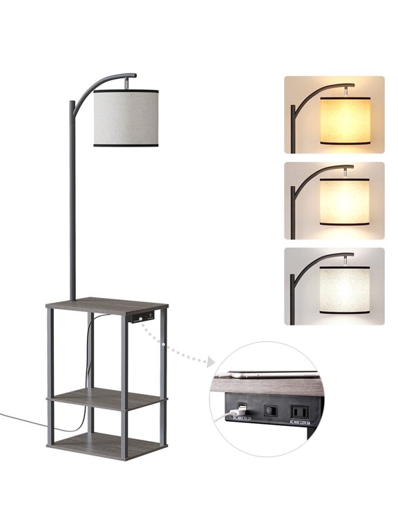 Floor Lamp with Table Lamps for Living Room with Charging Station(USB & AC Port) Rustic End Table Lamp with Shelves & 3-Color Temperature LED Bulb Lamp Table for Living