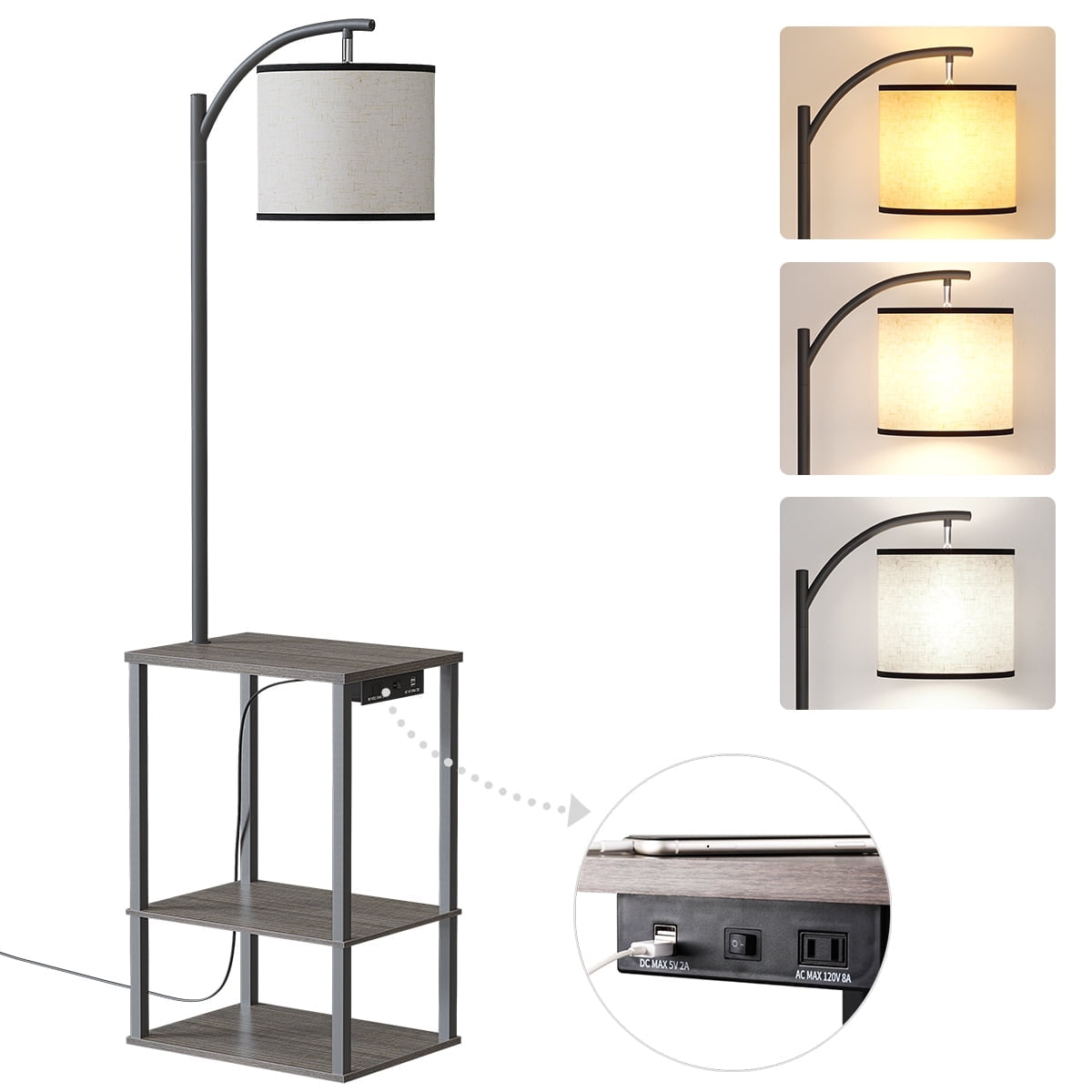 SUNMORY Floor Lamp with Table  Lamps for Living Room with Charging Station(USB & AC Port)  Rustic End Table Lamp with Shelves & 3-Color Temperature LED Bulb  Lamp Table for Living