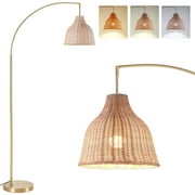 SUNMORY 72 inch Arched Rattan Floor Lamp, Fabric Retro Boho Farmhouse Rustic Standing Lamp for Living Room, Bedroom, Office, 9W & Foot Switch &  3 Color Temperature, Gold