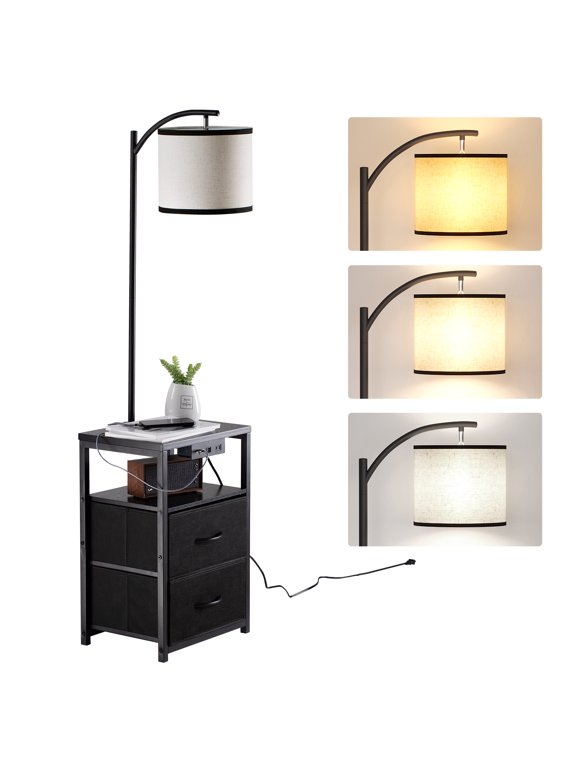 Floor Lamp with Table & 2 Drawers, Lamp with USB Port and Outlet, 3 Color Led Bulb Included