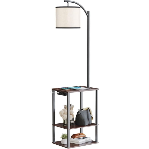 SUNMORY Floor Lamp with Table, End Table with Lamp for Living Room, Rustic End Table Lamp with Shelves, Walnut