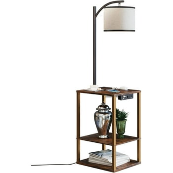 SUNMORY Floor Lamp with Table, Lamps for Living Room with USB Port, Attached End Table with Shelves, Brown