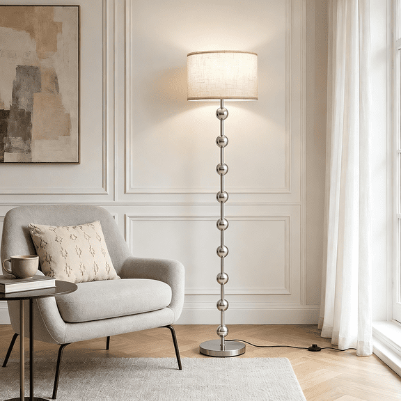 SUNMORY Modern Stacked Spherical Floor Lamp, with fabric shade, metal spherical floor lamp, suitable for living rooms, bedrooms, and home offices, available in nickel and ivory, 64 inches tall, plug-
