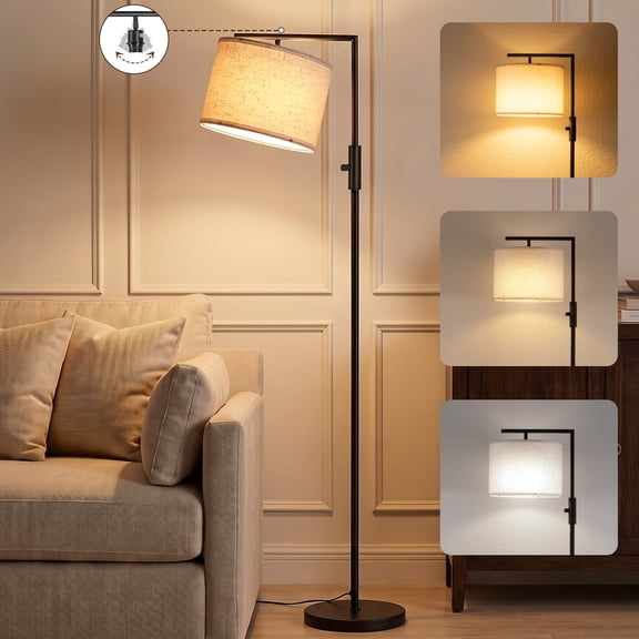 SUNMORY Iron Modern Standing Lamp, Gold Floor Lamp for Living Room, with Rotary Switch, Hanging Shade and 3 Color Temperatures 9W Bulb for Bedroom, Study Room, Office