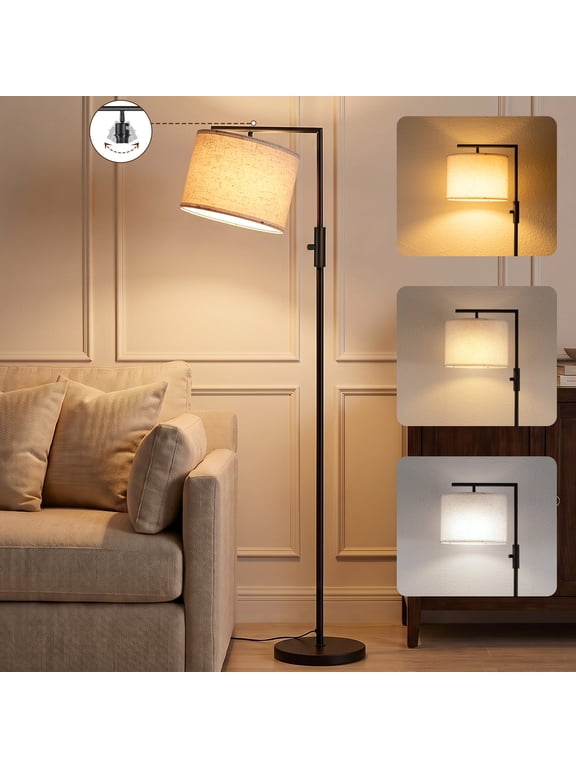 Iron Modern Standing Lamp, Gold Floor Lamp for Living Room, with Rotary Switch, Hanging Shade and 3 Color Temperatures 9W Bulb for Bedroom, Study Room, Office