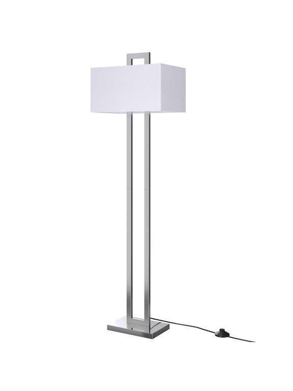 68" Modern Floor Lamp for Living Room, Brushed Nickel Double Pole Tall Lamp with Rectangular Fabric Shade, Foot Switch, Standing Lamp for Bedroom Office