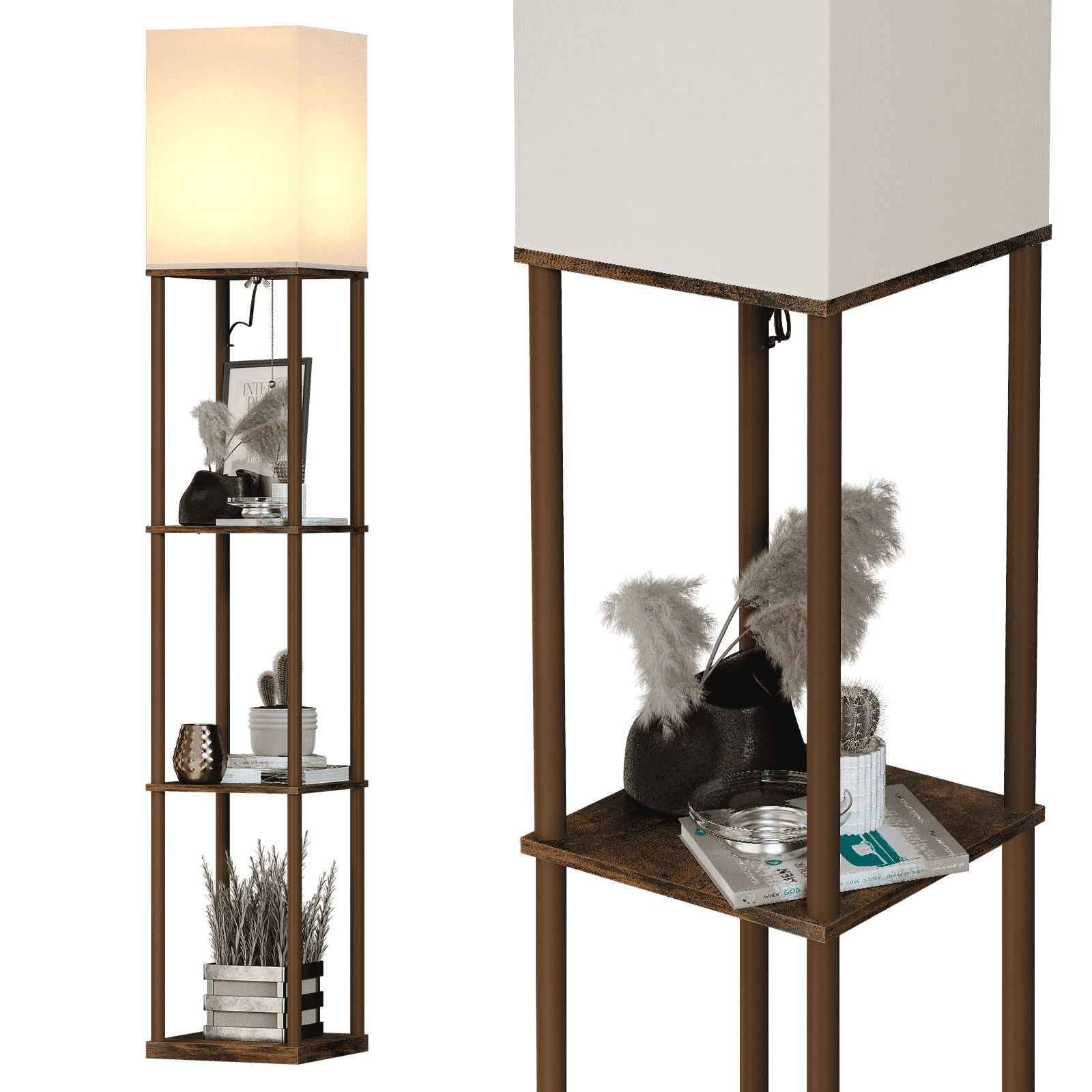 Modern Walnut Shelf Floor Lamp with Off-White Fabric Shade