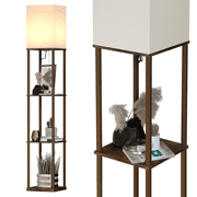 SUNMORY Modern Iron Shelf Floor Lamp with 3-Way Dimmable LED Bulb, Shelves and White Shade for Living Room and Bedroom Walnut