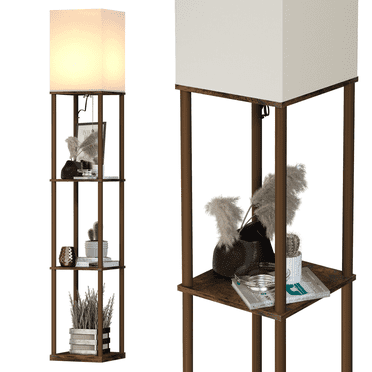 SUNMORY Modern Iron Shelf Floor Lamp with 3-Way Dimmable LED Bulb, Shelves and White Shade for Living Room and Bedroom Walnut