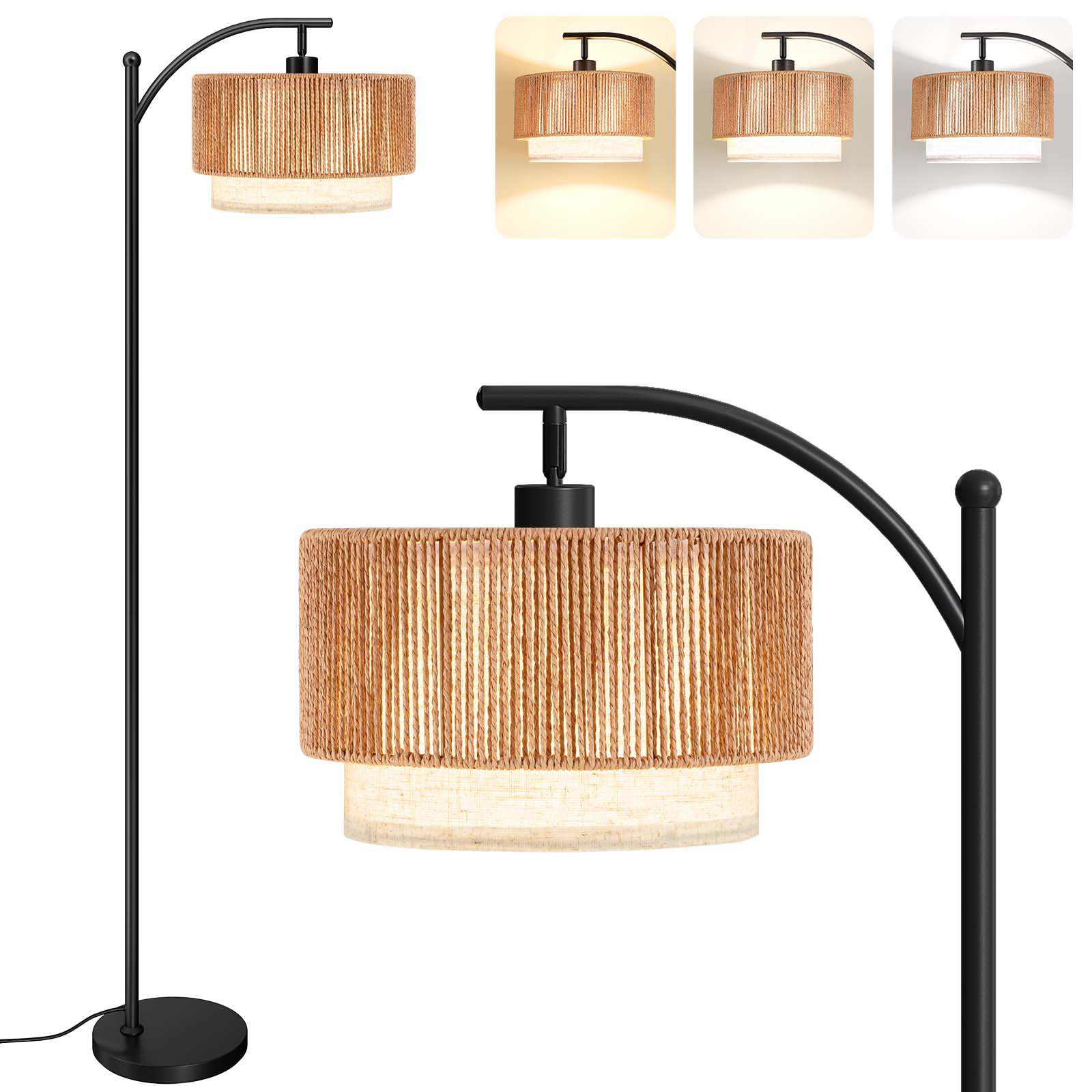 SUNMORY Rattan Floor Lamps, Boho Standing Lamps with Rattan & Linen Double Shades, Arc Lamp Floor with 12W Bulb, Foot Switch, Bohemian Floor Lamps for for Living Room, Bedroom, Study Room