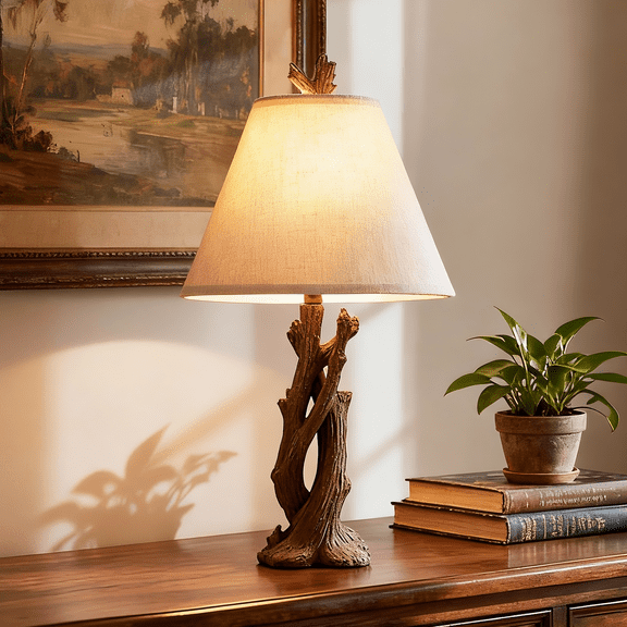 SUNMORY 24'' Table Lamp with Antler Decor for Living Room, Farmhouse Bedside Desk Lamps, 9W 3 Color Temperatures Night Light, Resin Base & Pole, Nightstand Vintage Lamps for Bedroom