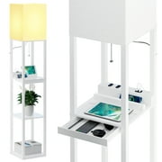 SUNMORY Floor Lamp with Shelves, Modern Dimmable Solid Wood Standing Lamp with 1 Drawer & 2 USB Ports & 2 Power Outlet, 3 Color Temperatures LED Bulb, Corner Tall Bookshelf Lamp for Living Room