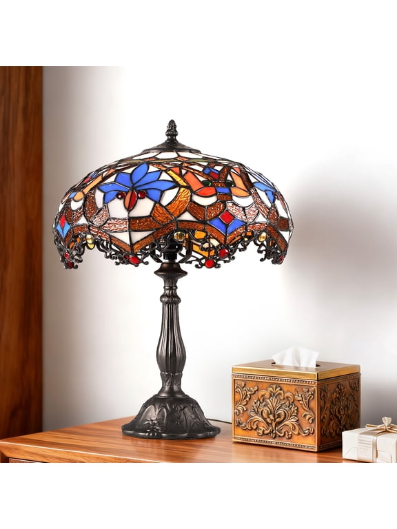 18.5'' Stained Glass Tiffany Style Table Lamps, Bedroom Bedside Reading Desk Light for Living Office Dormitory Bar Retro Unique Cute Accent Decor Cottage Village Gift Nightstand Lamps