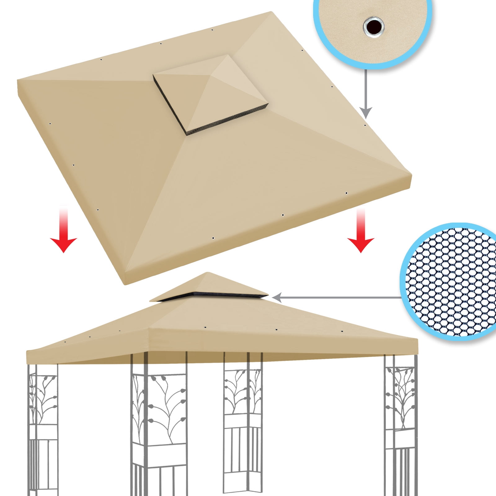 SUNNY 10x10 FT Gazebo Replacement Canopy Top Double Tier Canopy Top Cover (Beige)