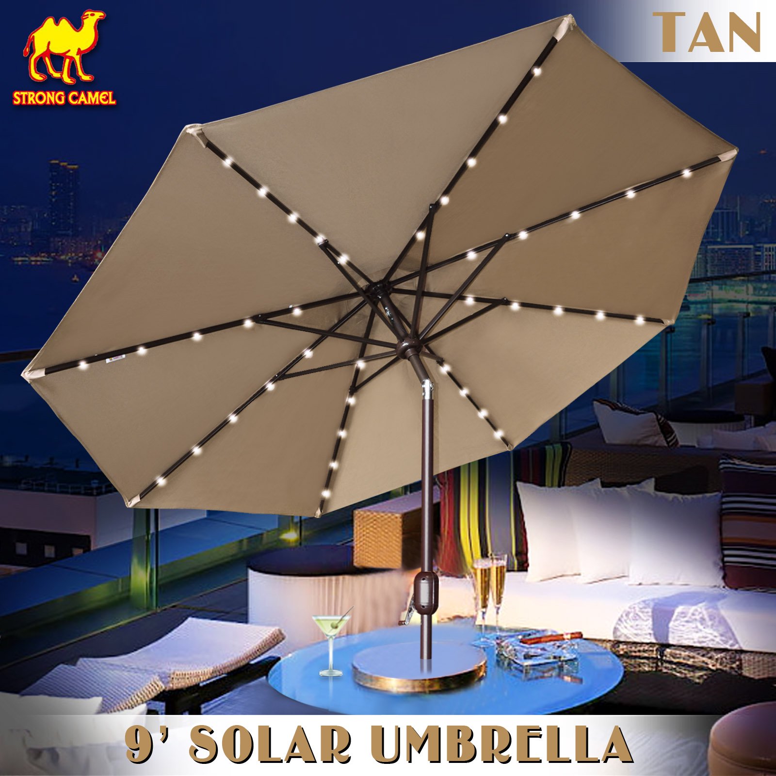 SUNNY 9'NEW SOLAR 40 LED LIGHTS PATIO UMBRELLA GARDEN OUTDOOR SUNSHADE  MARKET-TAN - Walmart.com