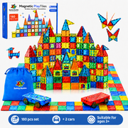 SUNNY AUNTIE Magnetic Tiles 180 PCS XL Set with Storage Bag – Magnetic Building Tiles for Kids Ages 3-8, STEM Magnet Construction Toy for Boys & Girls